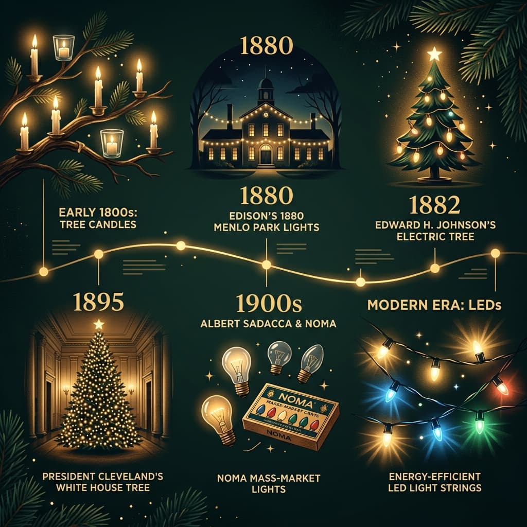 Infographic timeline showing the history of Christmas lights from candles to LEDs