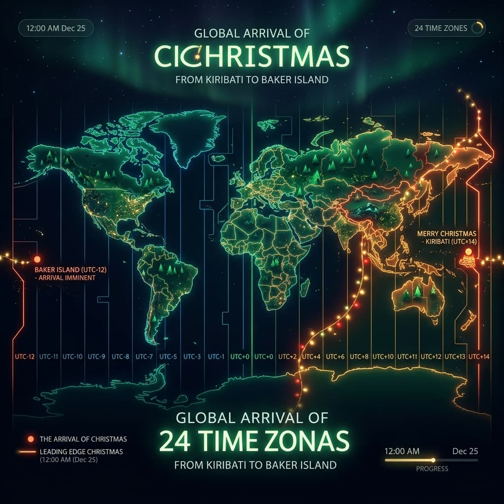 Illustration showing how Christmas arrives across Earth's 24 time zones over about 26 hours, from Kiribati to Baker Island