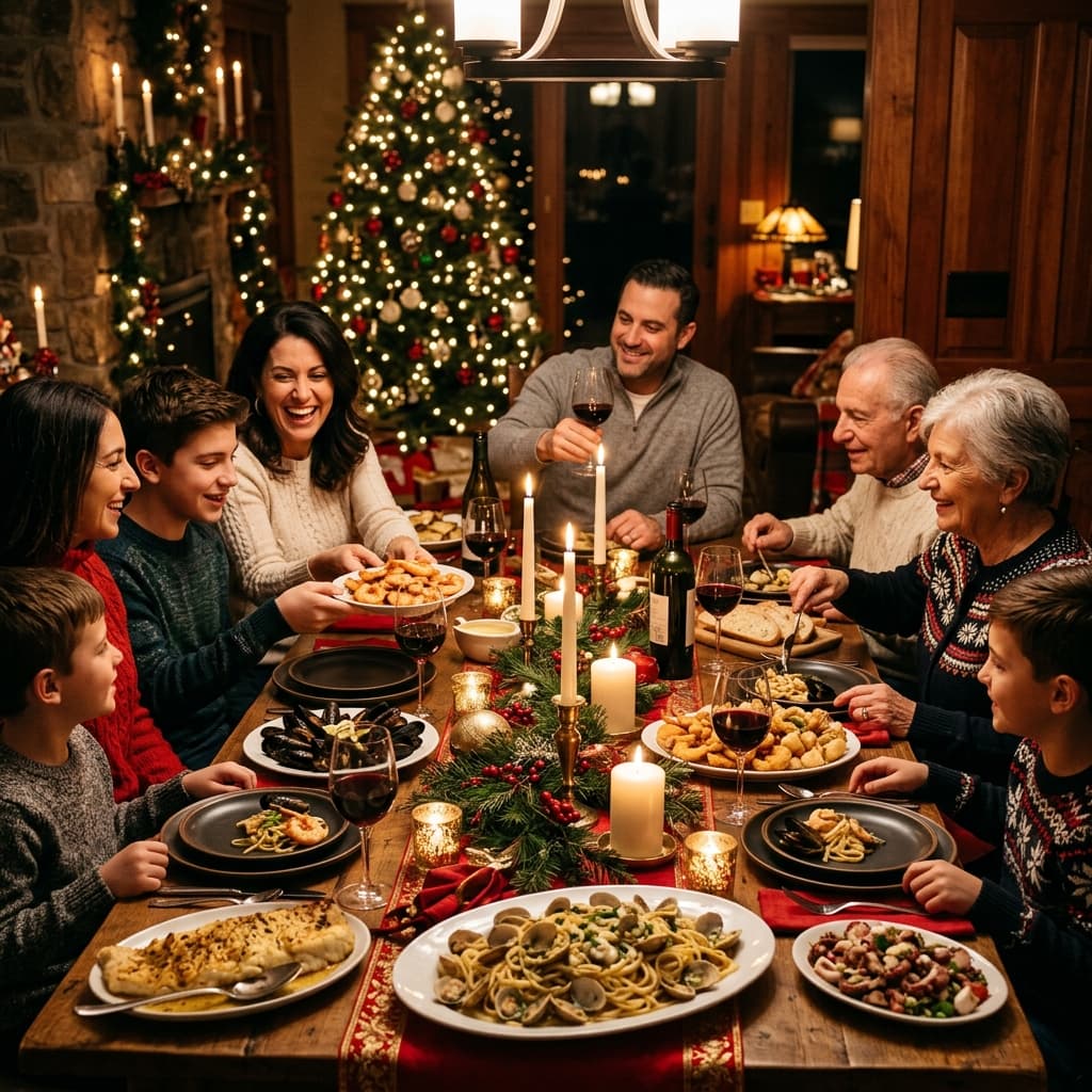 Feast of the Seven Fishes Christmas Eve seafood dinner table scene