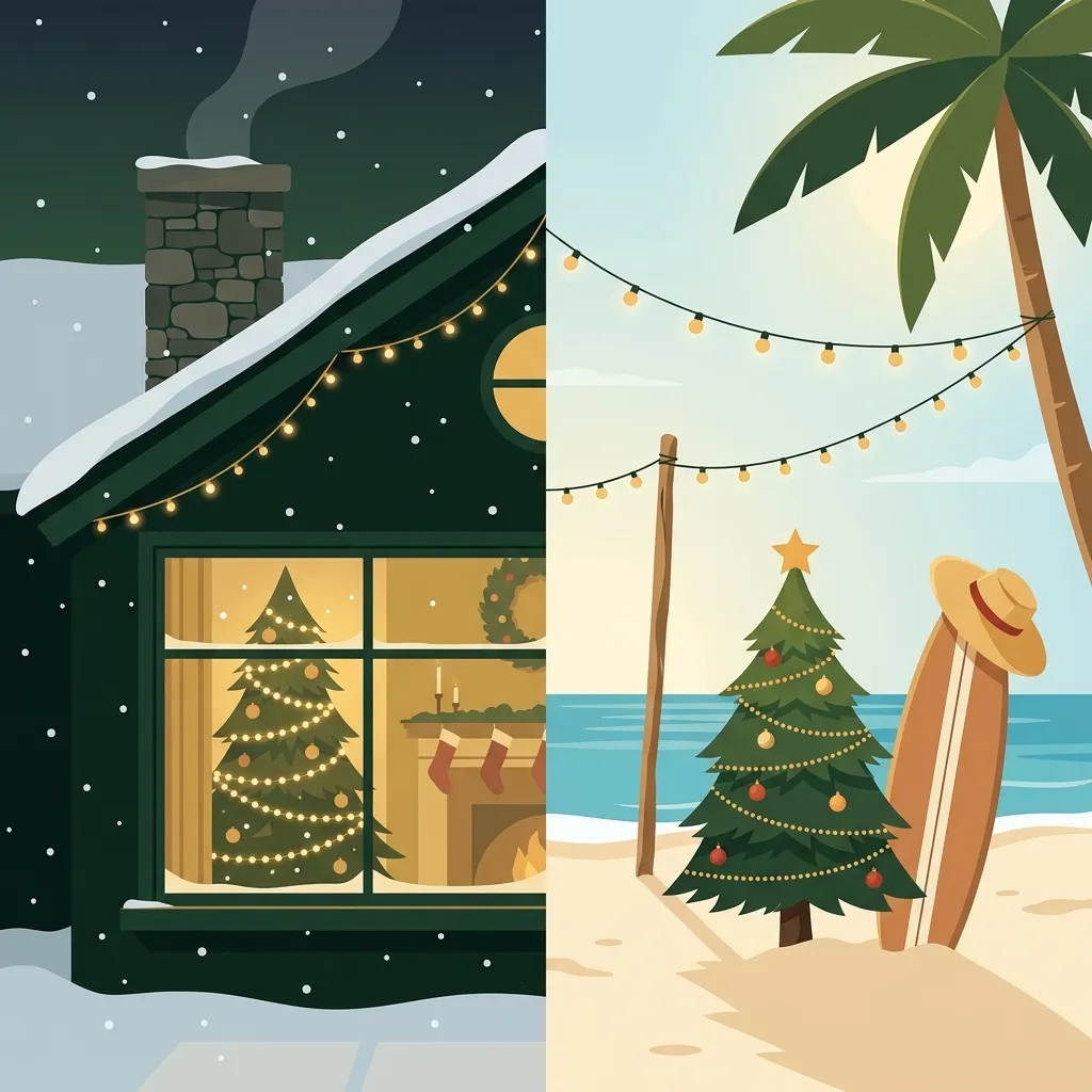 Split-screen illustration contrasting Northern Hemisphere snowy winter Christmas with Southern Hemisphere beach summer Christmas
