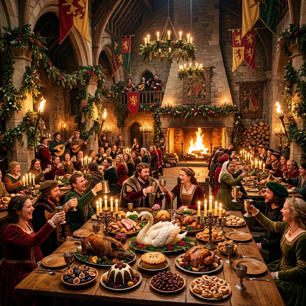 Medieval Christmas feast and traditional Christmas celebrations in a grand castle hall