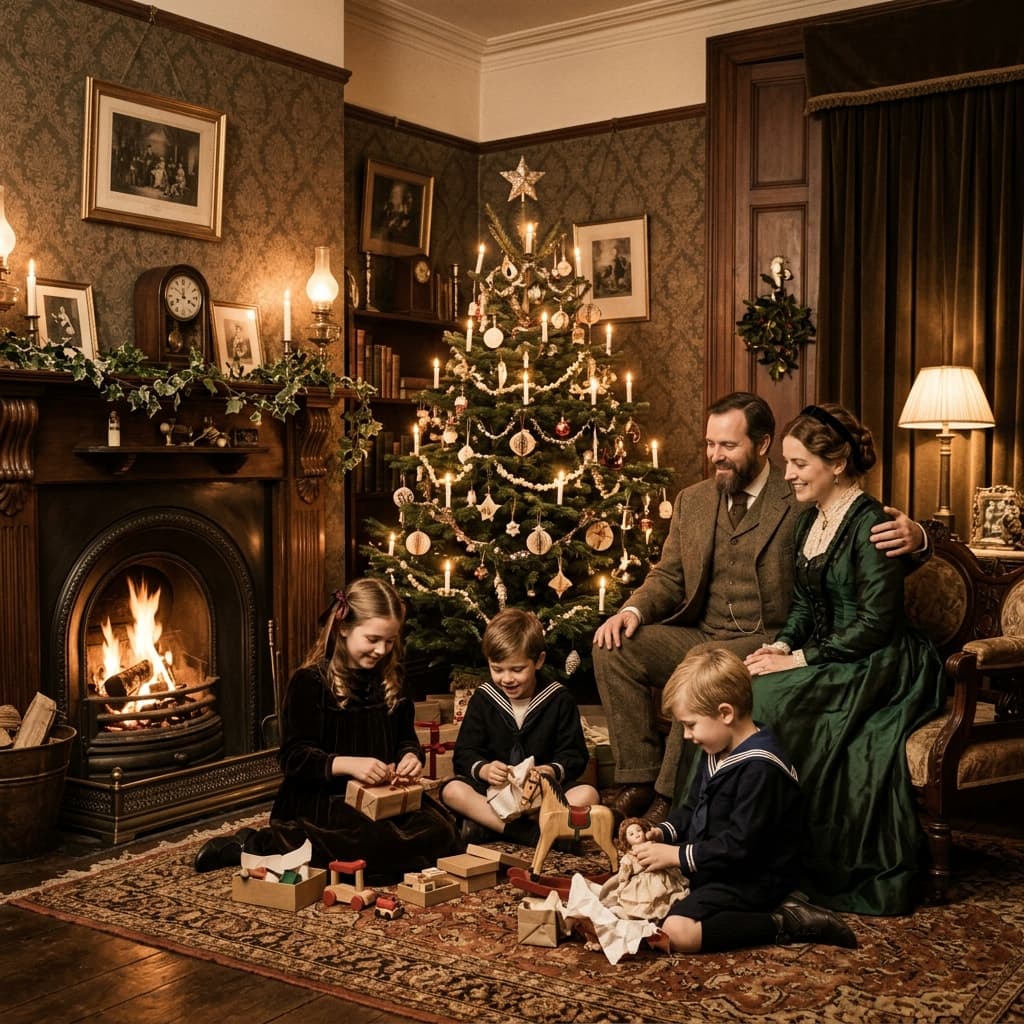 Victorian family celebrating Christmas around a decorated tree