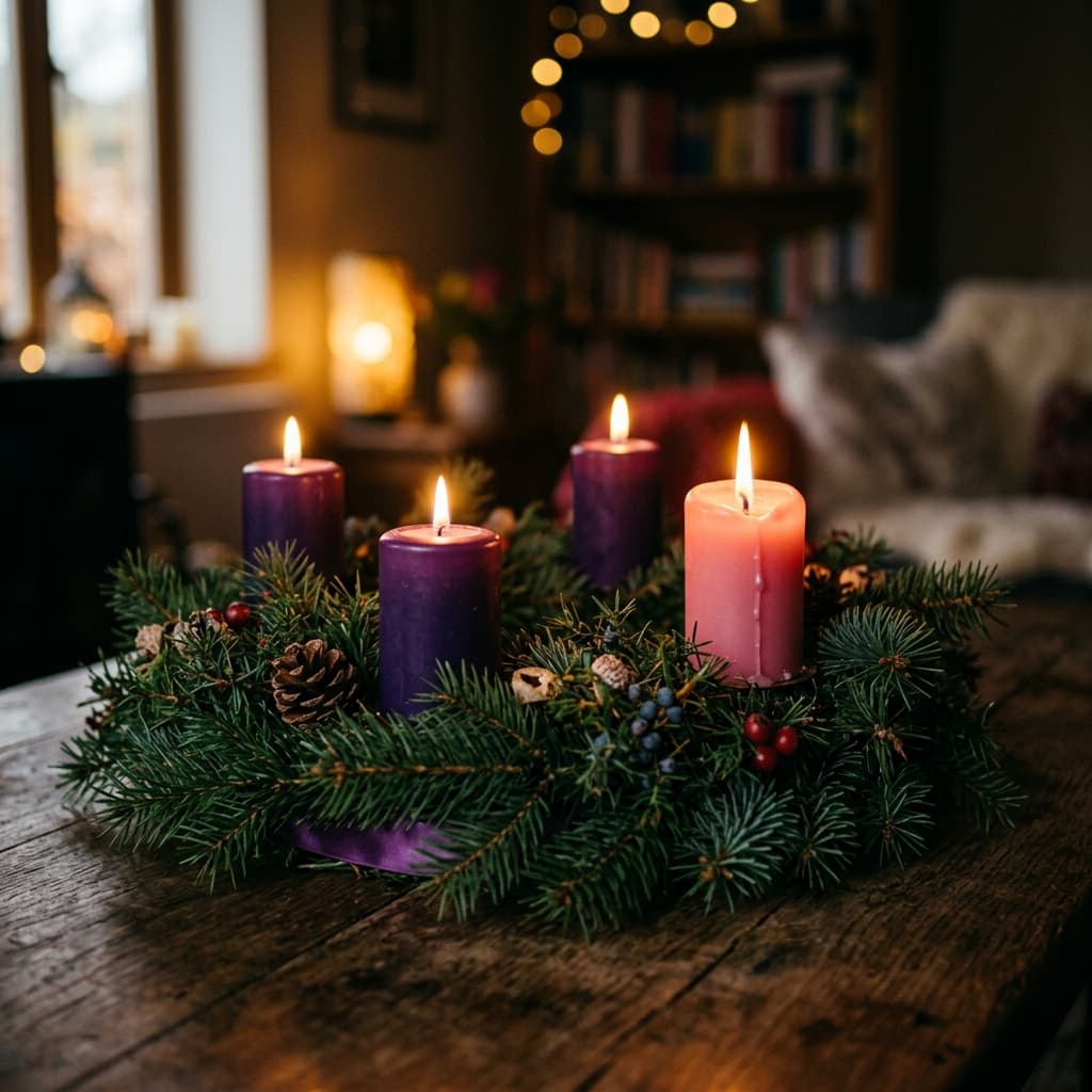 Advent wreath with green branches and four glowing candles