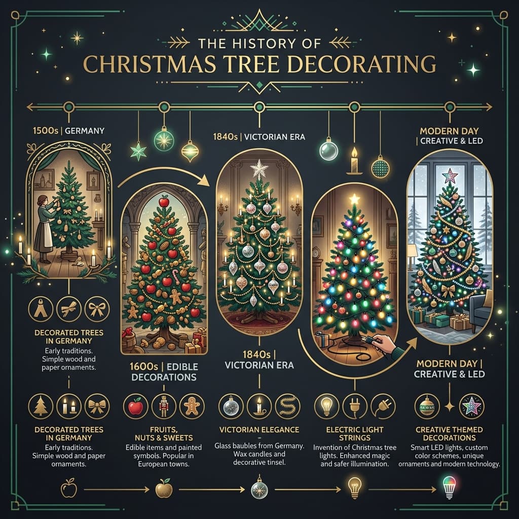 Infographic timeline showing the history of Christmas tree decorating from the 1500s to today